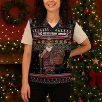 East Timor Christmas Knitted V-Neck Vest with Santa in Traditional Robe Gift Basket Ho Ho Ho Text and Black Festive - Wonder Print Shop