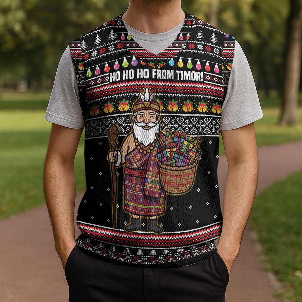 East Timor Christmas Knitted V-Neck Vest with Santa in Traditional Robe Gift Basket Ho Ho Ho Text and Black Festive - Wonder Print Shop