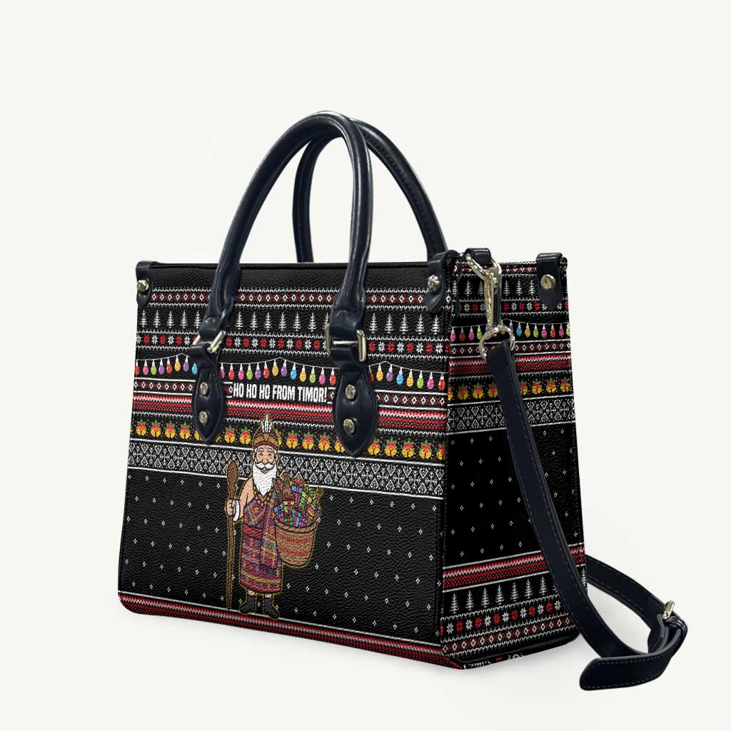 East Timor Christmas Leather Bag with Santa in Traditional Robe Gift Basket Ho Ho Ho Text and Black Festive - Wonder Print Shop