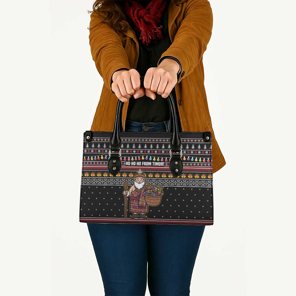East Timor Christmas Leather Bag with Santa in Traditional Robe Gift Basket Ho Ho Ho Text and Black Festive - Wonder Print Shop