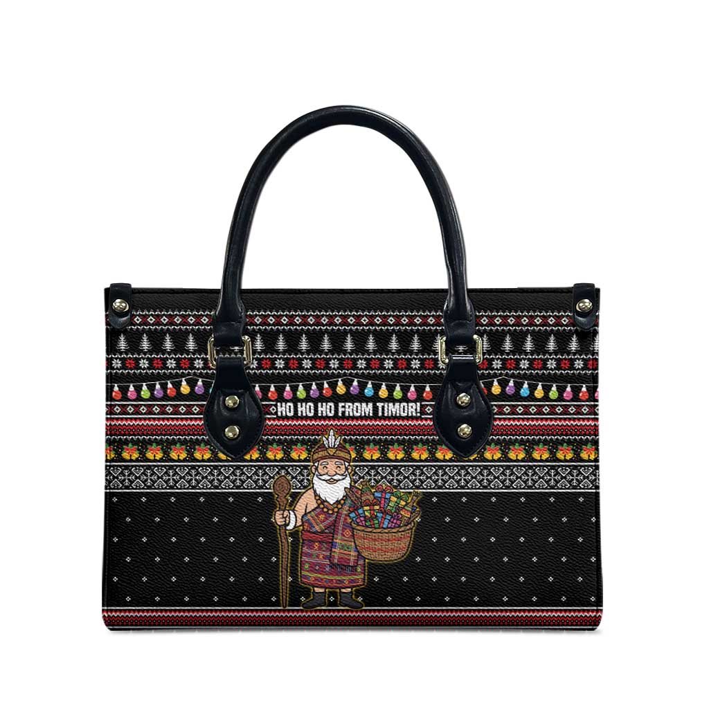 East Timor Christmas Leather Bag with Santa in Traditional Robe Gift Basket Ho Ho Ho Text and Black Festive - Wonder Print Shop