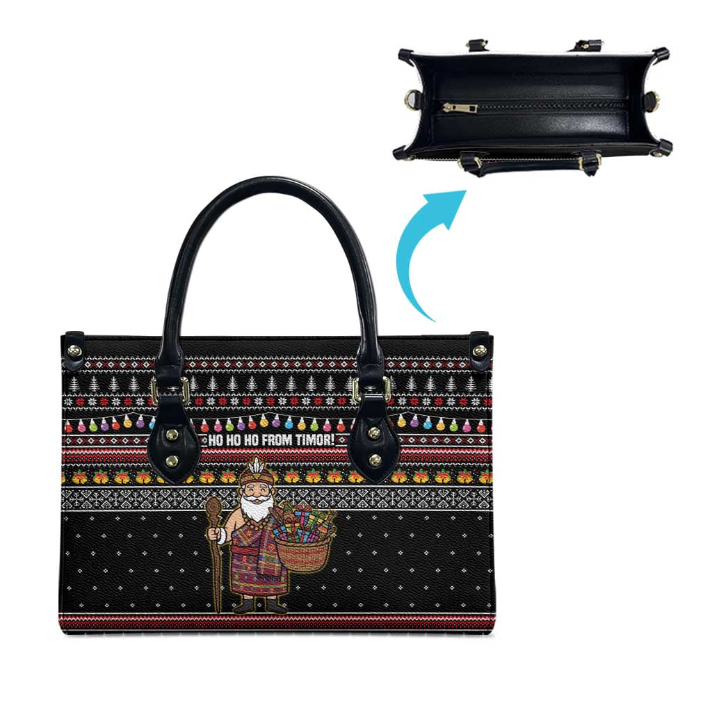East Timor Christmas Leather Bag with Santa in Traditional Robe Gift Basket Ho Ho Ho Text and Black Festive - Wonder Print Shop