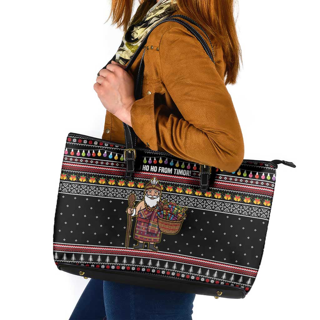 East Timor Christmas Leather Tote Bag with Santa in Traditional Robe Gift Basket Ho Ho Ho Text and Black Festive - Wonder Print Shop
