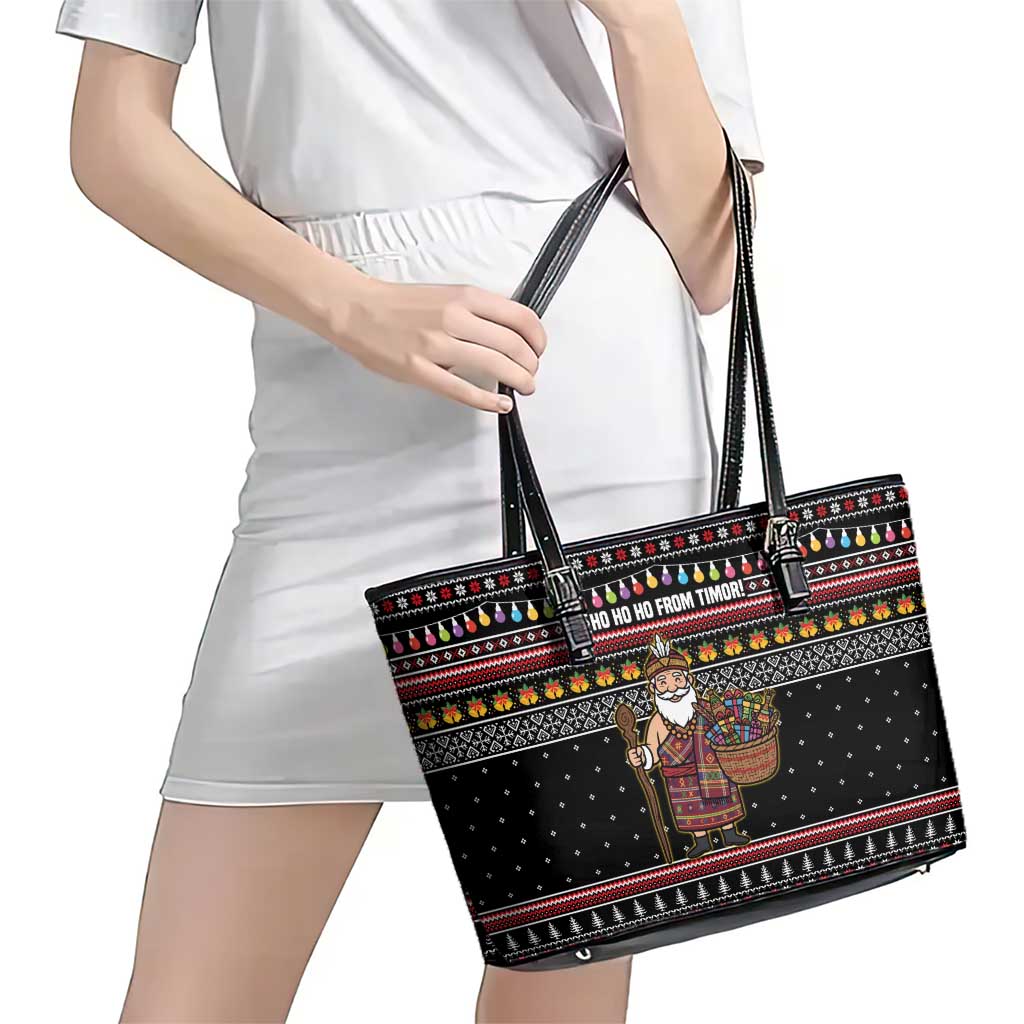 East Timor Christmas Leather Tote Bag with Santa in Traditional Robe Gift Basket Ho Ho Ho Text and Black Festive - Wonder Print Shop