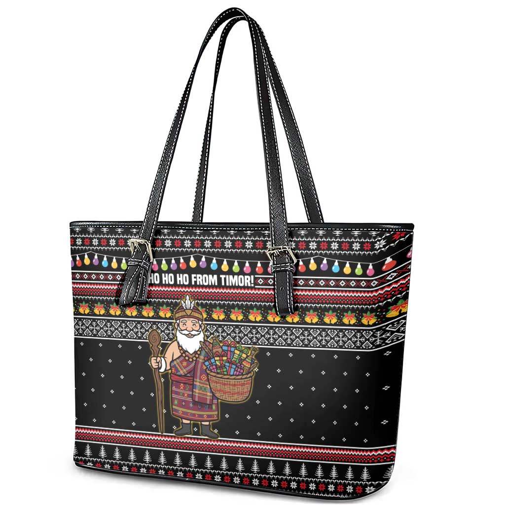 East Timor Christmas Leather Tote Bag with Santa in Traditional Robe Gift Basket Ho Ho Ho Text and Black Festive - Wonder Print Shop