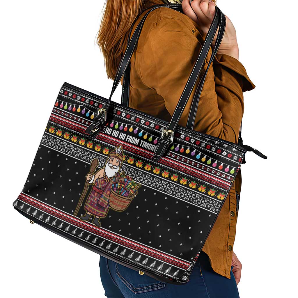 East Timor Christmas Leather Tote Bag with Santa in Traditional Robe Gift Basket Ho Ho Ho Text and Black Festive - Wonder Print Shop