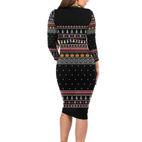 East Timor Christmas Long Sleeve Bodycon Dress with Santa in Traditional Robe Gift Basket Ho Ho Ho Text and Black Festive - Wonder Print Shop