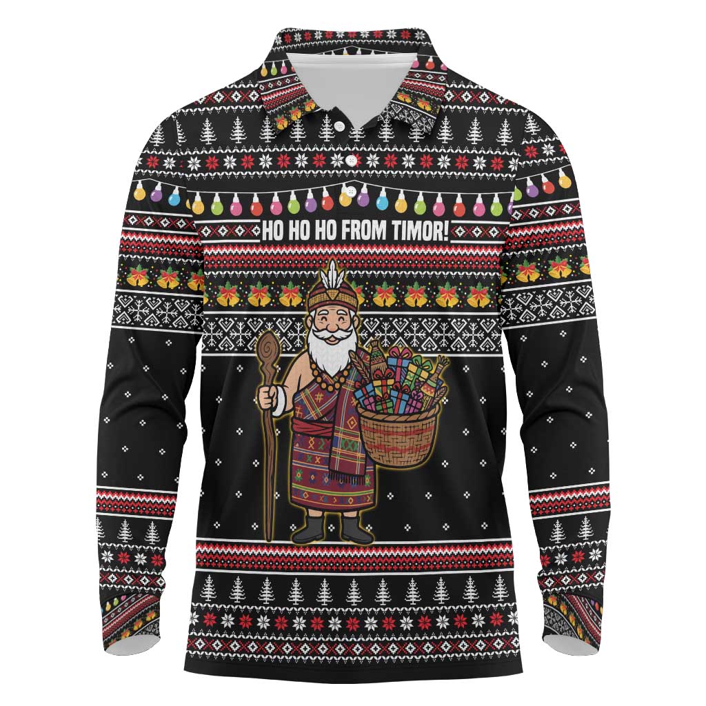East Timor Christmas Long Sleeve Polo Shirt with Santa in Traditional Robe Gift Basket Ho Ho Ho Text and Black Festive - Wonder Print Shop