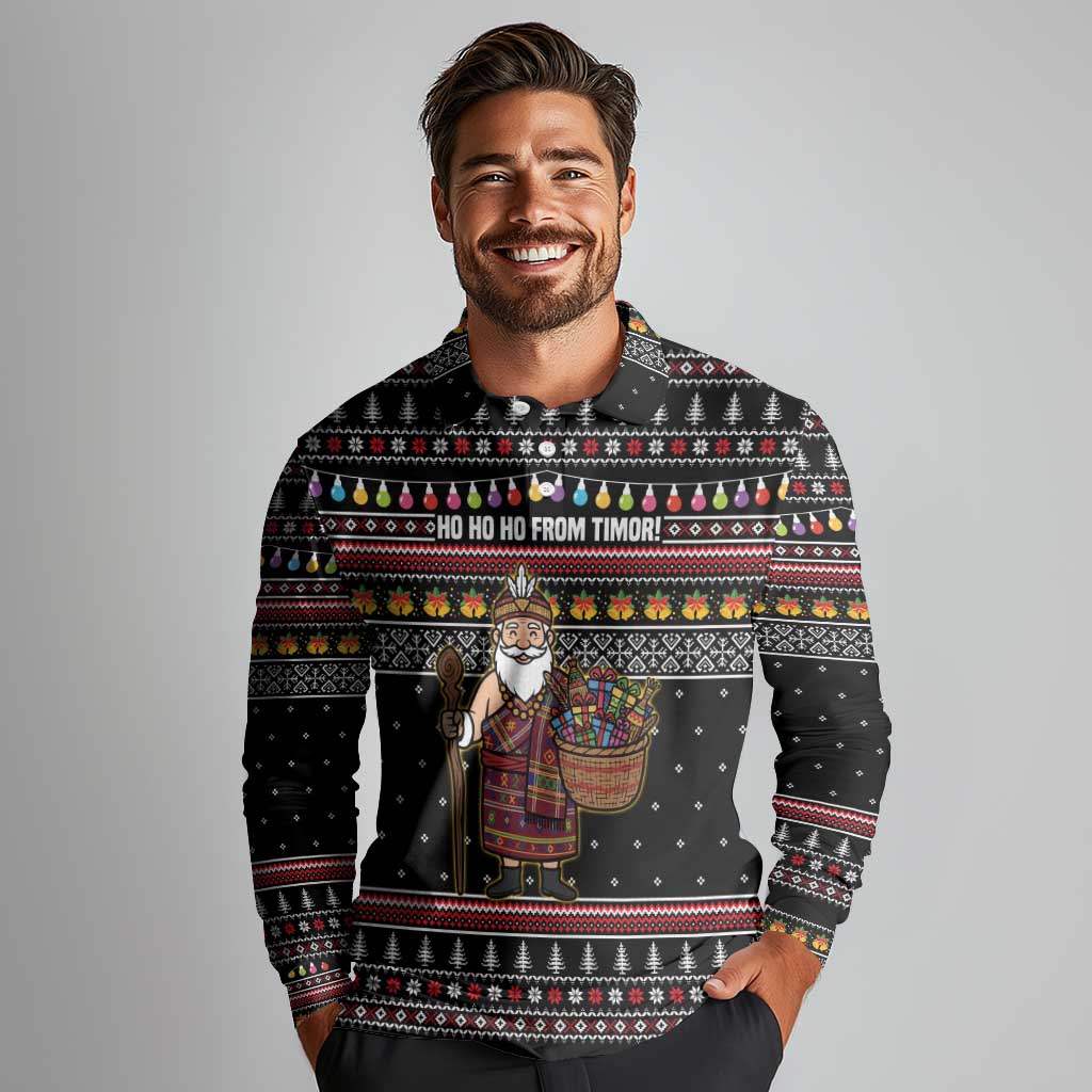 East Timor Christmas Long Sleeve Polo Shirt with Santa in Traditional Robe Gift Basket Ho Ho Ho Text and Black Festive - Wonder Print Shop