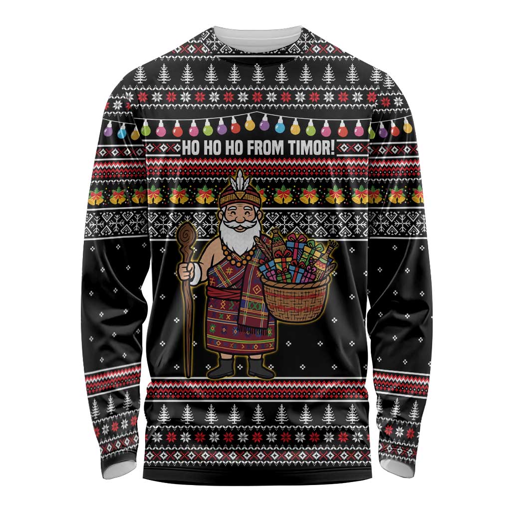 East Timor Christmas Long Sleeve Shirt with Santa in Traditional Robe Gift Basket Ho Ho Ho Text and Black Festive - Wonder Print Shop