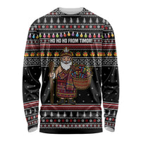 East Timor Christmas Long Sleeve Shirt with Santa in Traditional Robe Gift Basket Ho Ho Ho Text and Black Festive - Wonder Print Shop