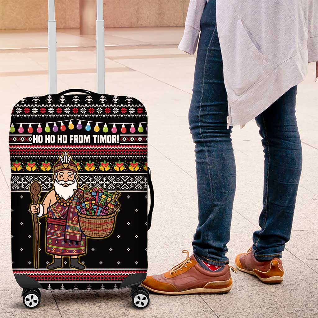 East Timor Christmas Luggage Cover with Santa in Traditional Robe Gift Basket Ho Ho Ho Text and Black Festive - Wonder Print Shop