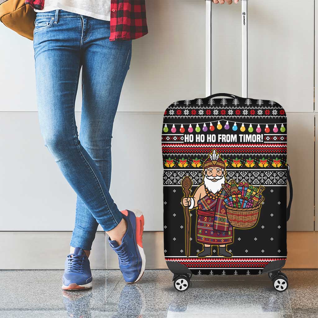 East Timor Christmas Luggage Cover with Santa in Traditional Robe Gift Basket Ho Ho Ho Text and Black Festive - Wonder Print Shop