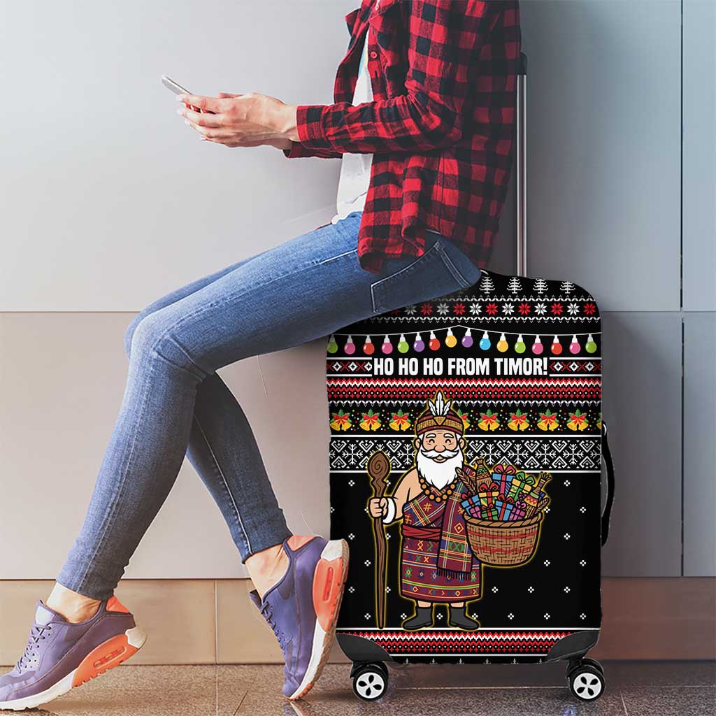 East Timor Christmas Luggage Cover with Santa in Traditional Robe Gift Basket Ho Ho Ho Text and Black Festive - Wonder Print Shop