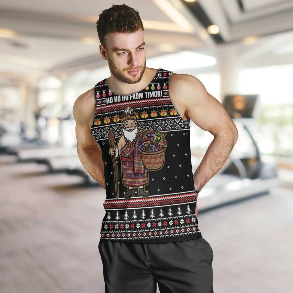 East Timor Christmas Men Tank Top with Santa in Traditional Robe Gift Basket Ho Ho Ho Text and Black Festive - Wonder Print Shop
