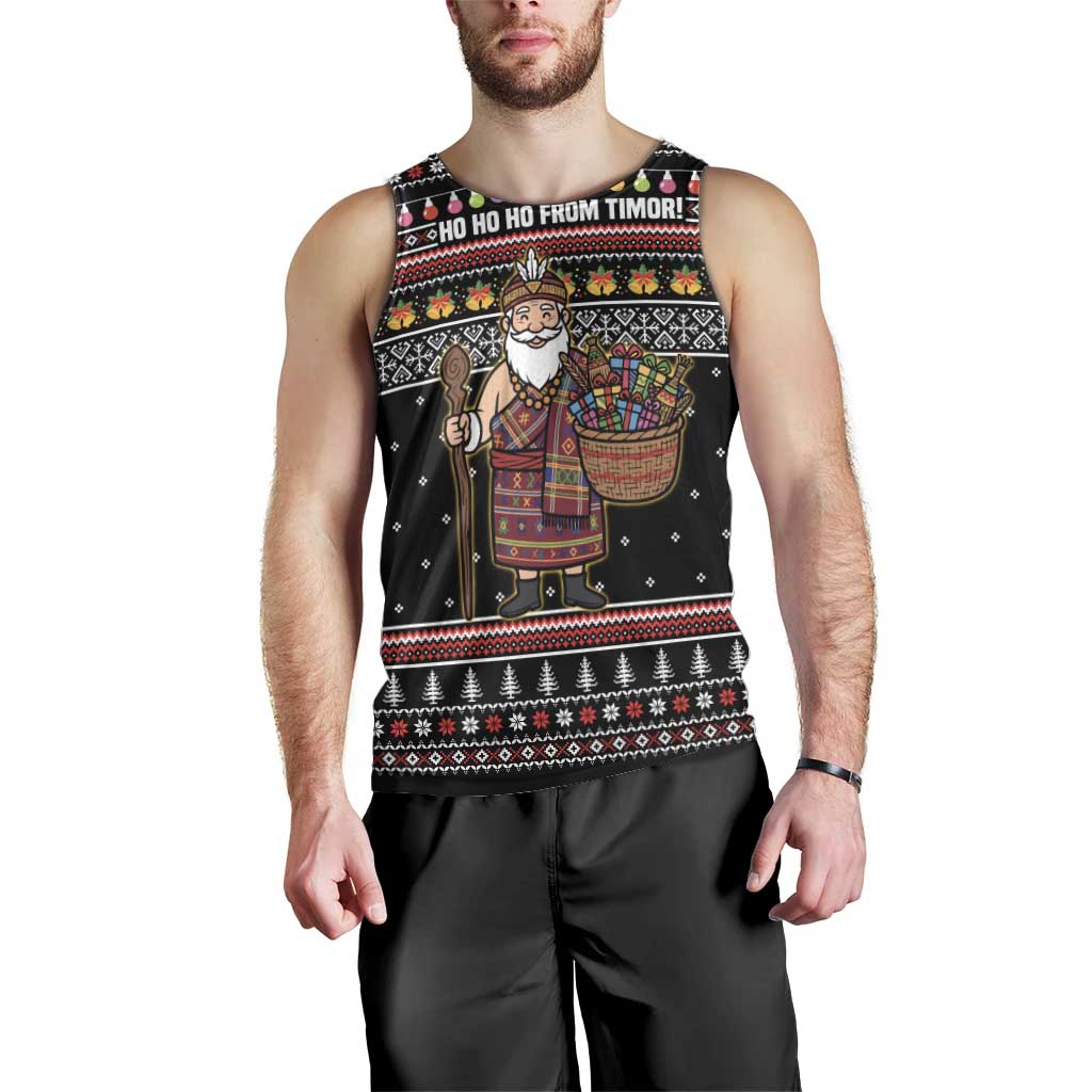 East Timor Christmas Men Tank Top with Santa in Traditional Robe Gift Basket Ho Ho Ho Text and Black Festive - Wonder Print Shop
