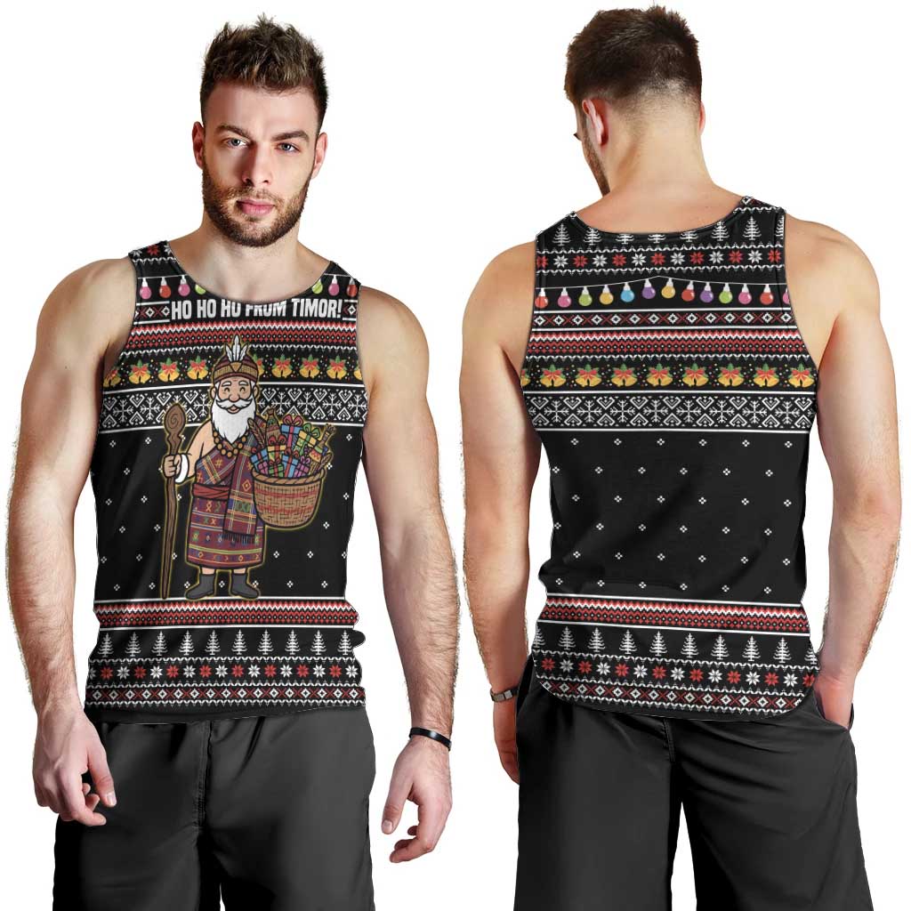 East Timor Christmas Men Tank Top with Santa in Traditional Robe Gift Basket Ho Ho Ho Text and Black Festive - Wonder Print Shop