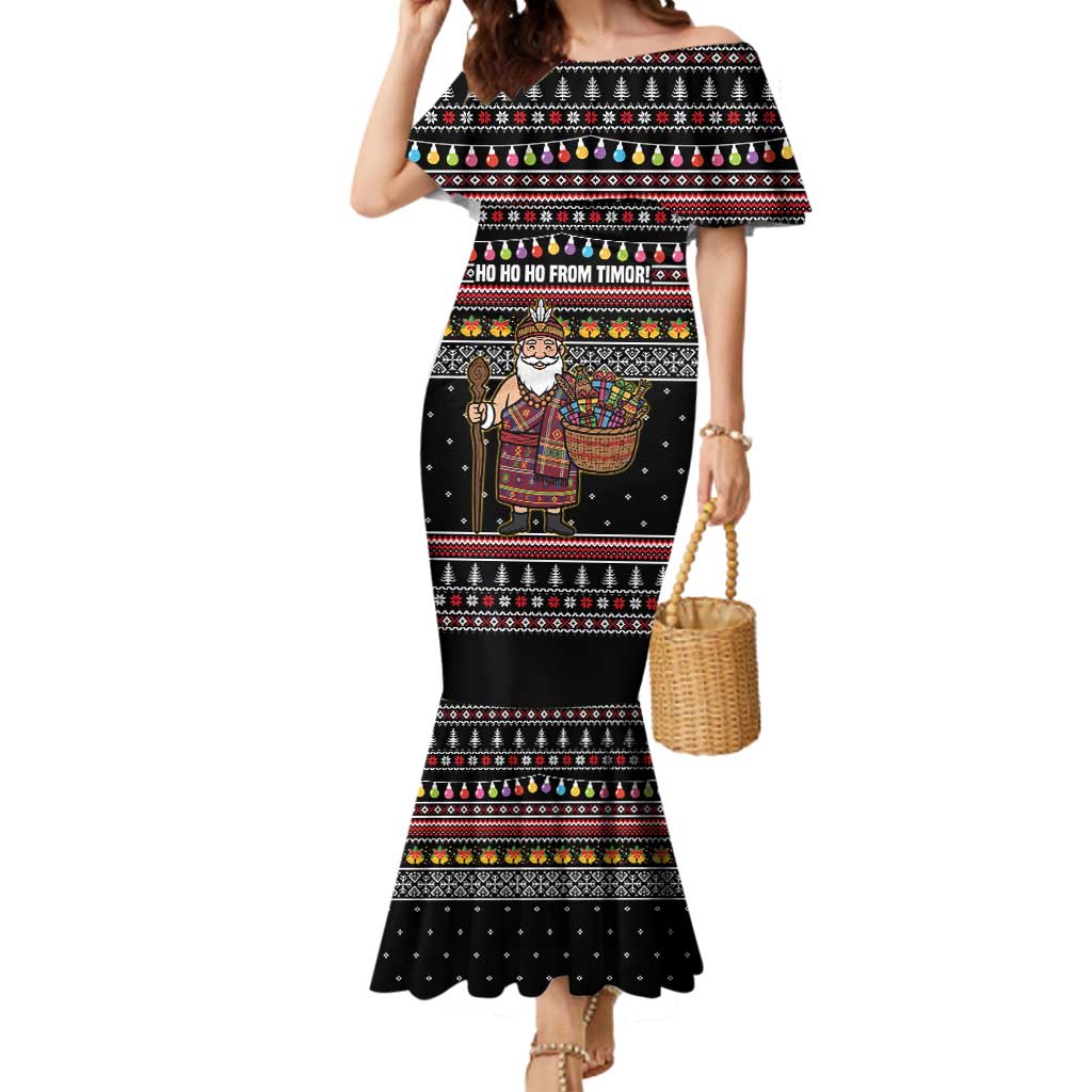 East Timor Christmas Mermaid Dress with Santa in Traditional Robe Gift Basket Ho Ho Ho Text and Black Festive - Wonder Print Shop