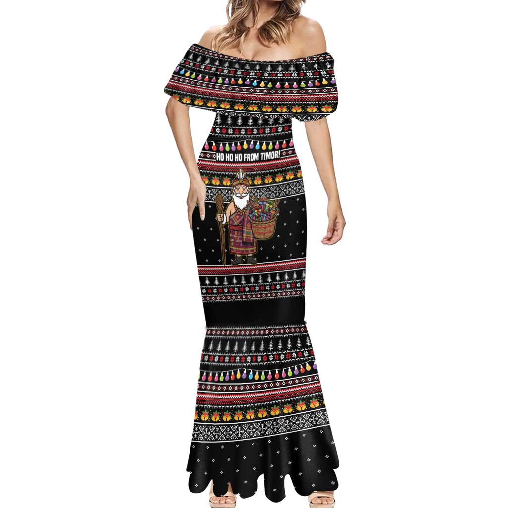 East Timor Christmas Mermaid Dress with Santa in Traditional Robe Gift Basket Ho Ho Ho Text and Black Festive - Wonder Print Shop