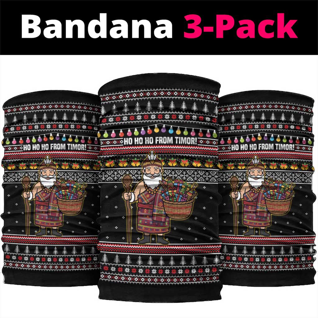 East Timor Christmas Neck Gaiter with Santa in Traditional Robe Gift Basket Ho Ho Ho Text and Black Festive - Wonder Print Shop
