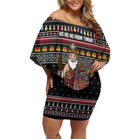 East Timor Christmas Off Shoulder Short Dress with Santa in Traditional Robe Gift Basket Ho Ho Ho Text and Black Festive - Wonder Print Shop