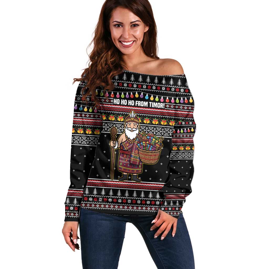 East Timor Christmas Off Shoulder Sweater with Santa in Traditional Robe Gift Basket Ho Ho Ho Text and Black Festive - Wonder Print Shop