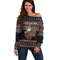 East Timor Christmas Off Shoulder Sweater with Santa in Traditional Robe Gift Basket Ho Ho Ho Text and Black Festive - Wonder Print Shop