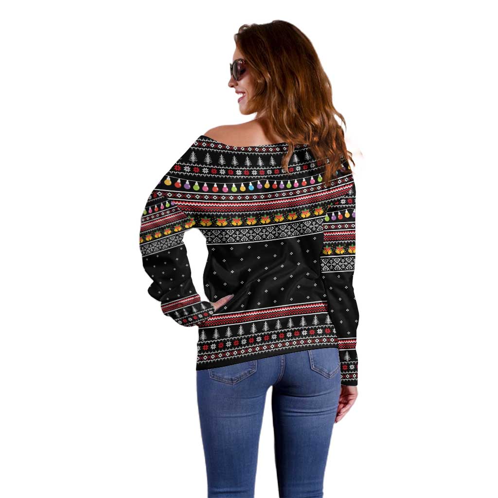 East Timor Christmas Off Shoulder Sweater with Santa in Traditional Robe Gift Basket Ho Ho Ho Text and Black Festive - Wonder Print Shop