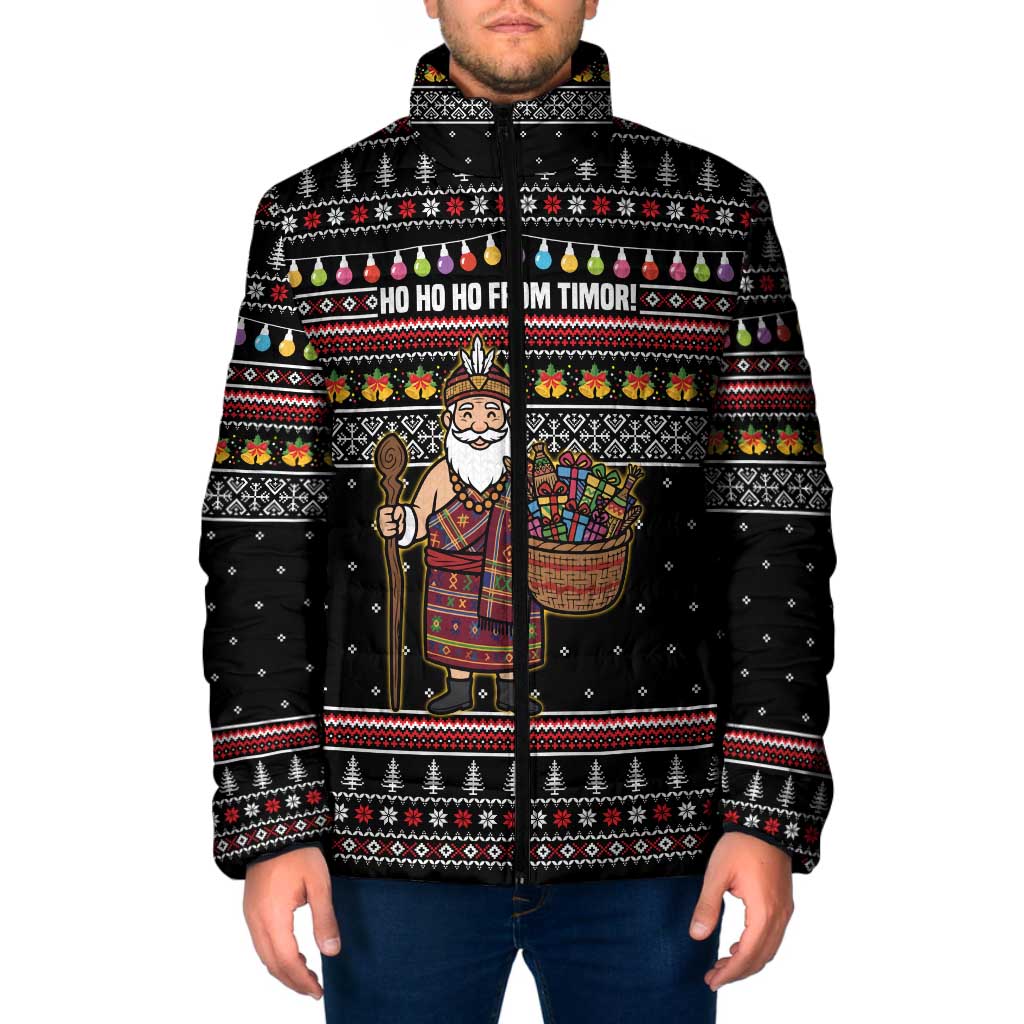 East Timor Christmas Padded Jacket with Santa in Traditional Robe Gift Basket Ho Ho Ho Text and Black Festive - Wonder Print Shop