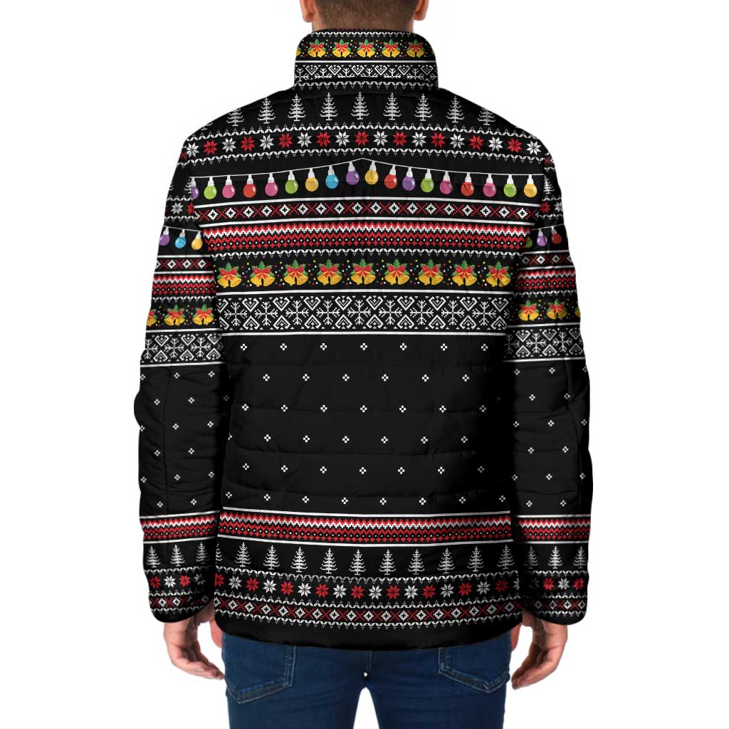 East Timor Christmas Padded Jacket with Santa in Traditional Robe Gift Basket Ho Ho Ho Text and Black Festive - Wonder Print Shop