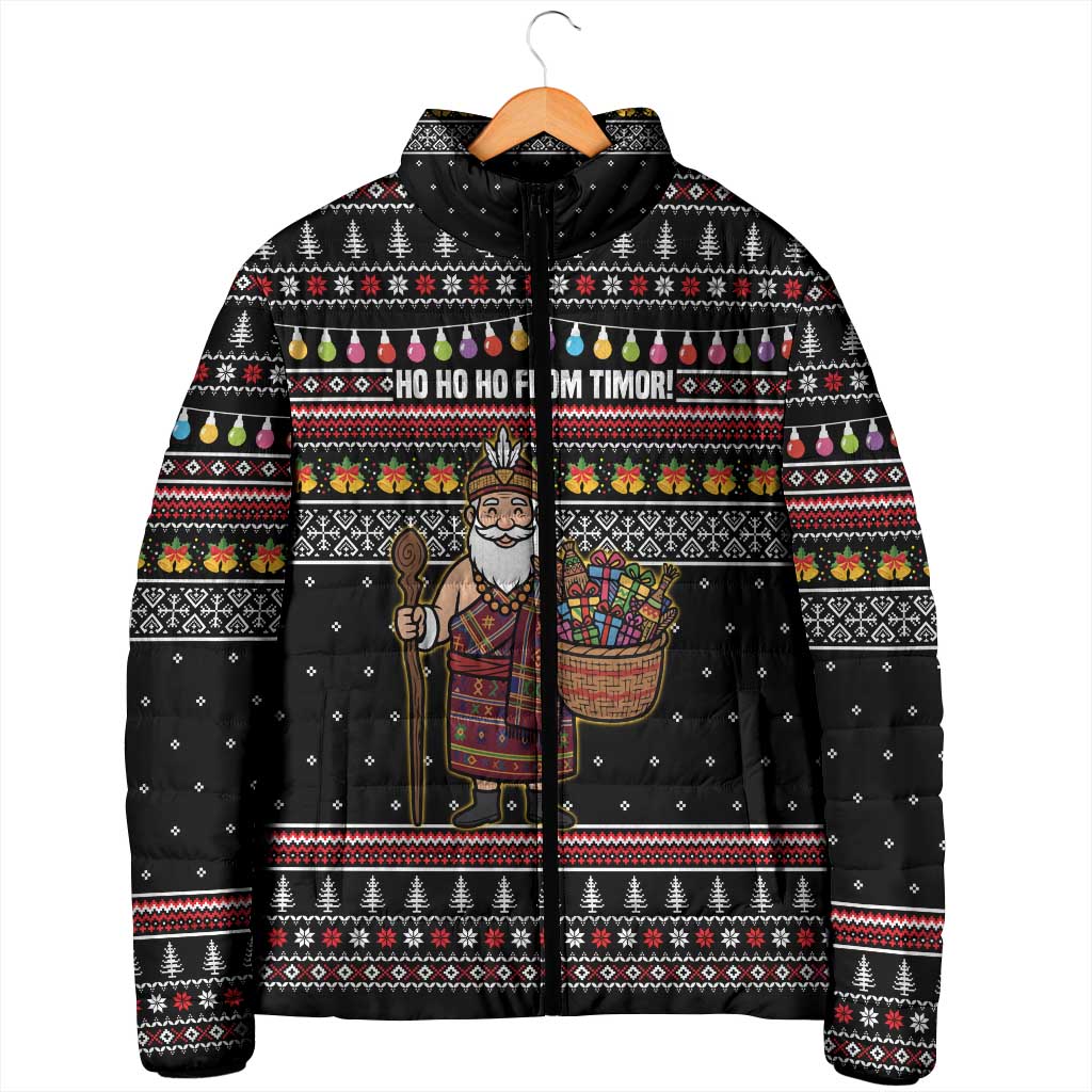East Timor Christmas Padded Jacket with Santa in Traditional Robe Gift Basket Ho Ho Ho Text and Black Festive - Wonder Print Shop