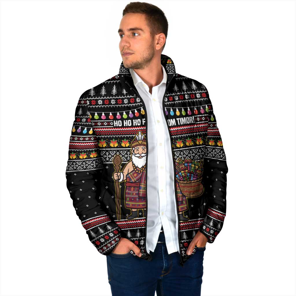 East Timor Christmas Padded Jacket with Santa in Traditional Robe Gift Basket Ho Ho Ho Text and Black Festive - Wonder Print Shop