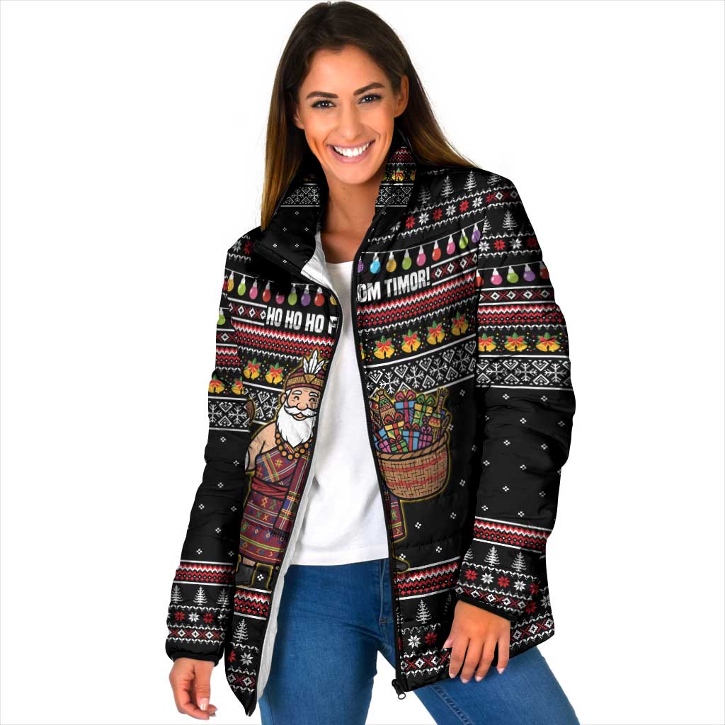 East Timor Christmas Padded Jacket with Santa in Traditional Robe Gift Basket Ho Ho Ho Text and Black Festive - Wonder Print Shop