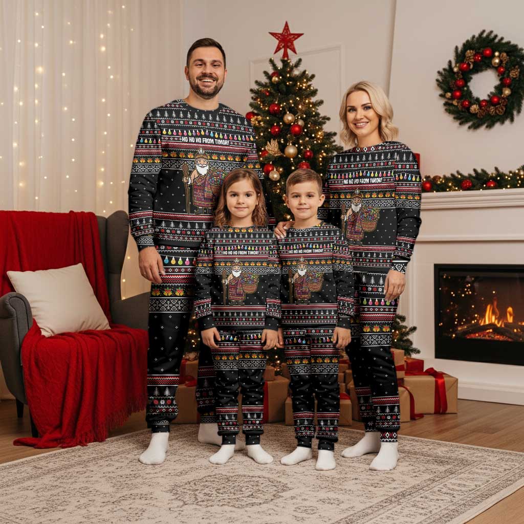 East Timor Christmas Pajama Set with Santa in Traditional Robe Gift Basket Ho Ho Ho Text and Black Festive - Wonder Print Shop