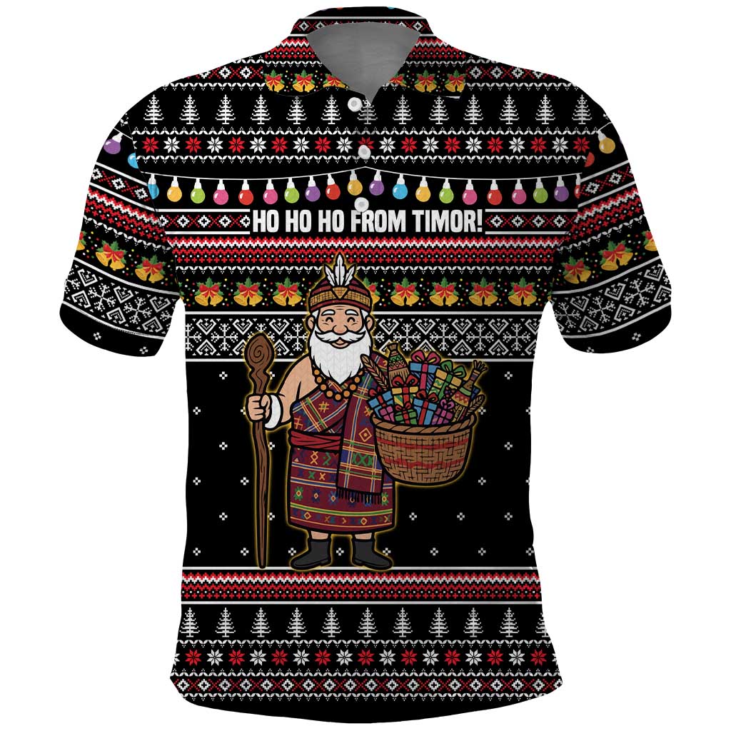 East Timor Christmas Polo Shirt with Santa in Traditional Robe Gift Basket Ho Ho Ho Text and Black Festive - Wonder Print Shop