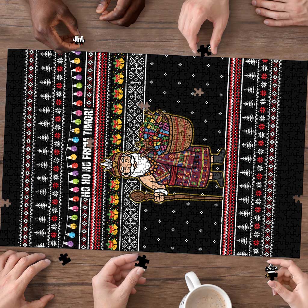 East Timor Christmas Puzzle with Santa in Traditional Robe Gift Basket Ho Ho Ho Text and Black Festive - Wonder Print Shop
