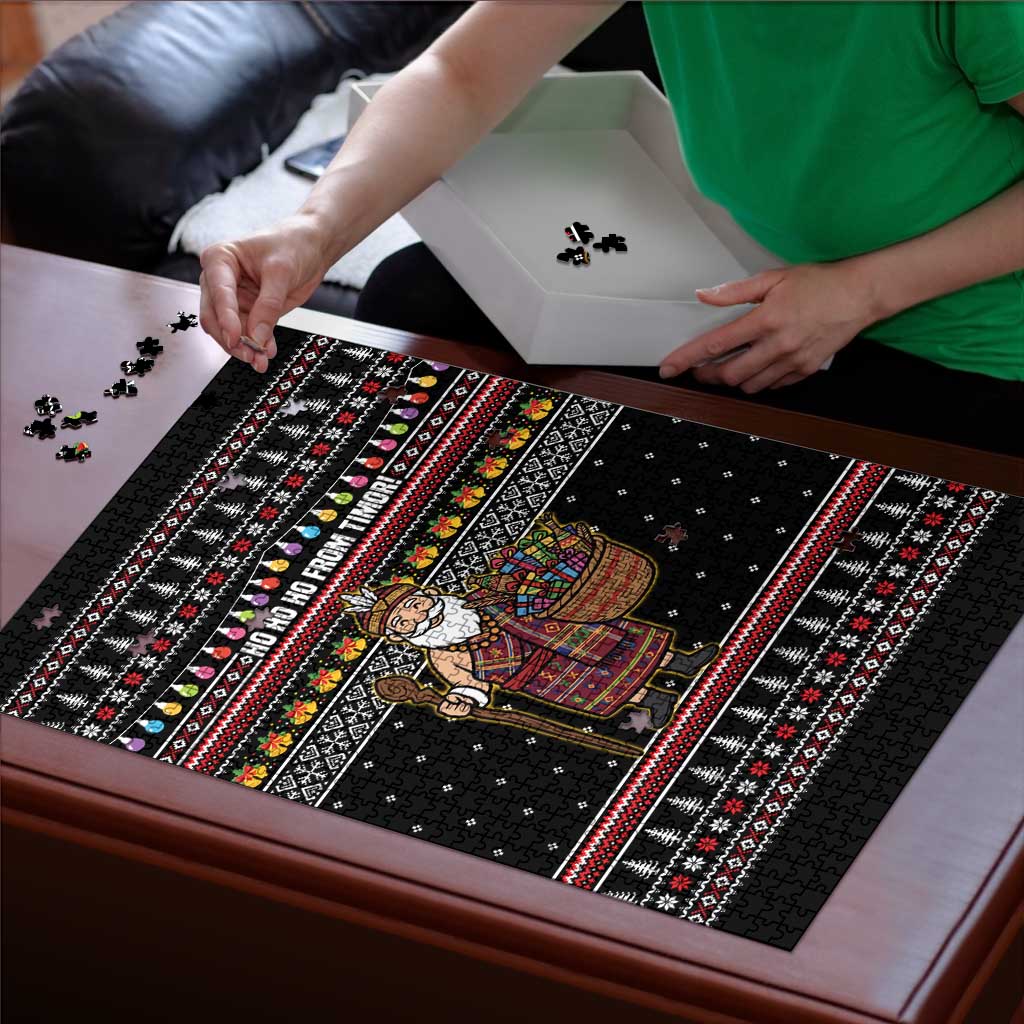 East Timor Christmas Puzzle with Santa in Traditional Robe Gift Basket Ho Ho Ho Text and Black Festive - Wonder Print Shop