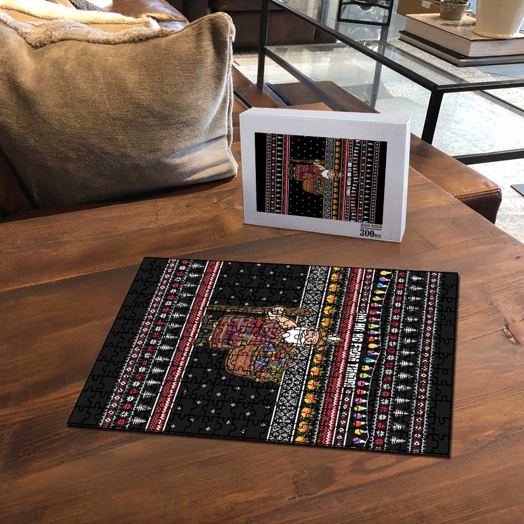 East Timor Christmas Puzzle with Santa in Traditional Robe Gift Basket Ho Ho Ho Text and Black Festive - Wonder Print Shop