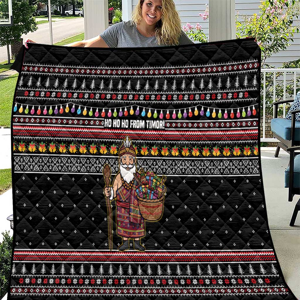 East Timor Christmas Quilt with Santa in Traditional Robe Gift Basket Ho Ho Ho Text and Black Festive - Wonder Print Shop