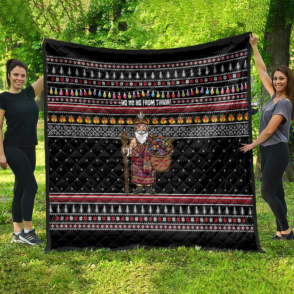 East Timor Christmas Quilt with Santa in Traditional Robe Gift Basket Ho Ho Ho Text and Black Festive - Wonder Print Shop