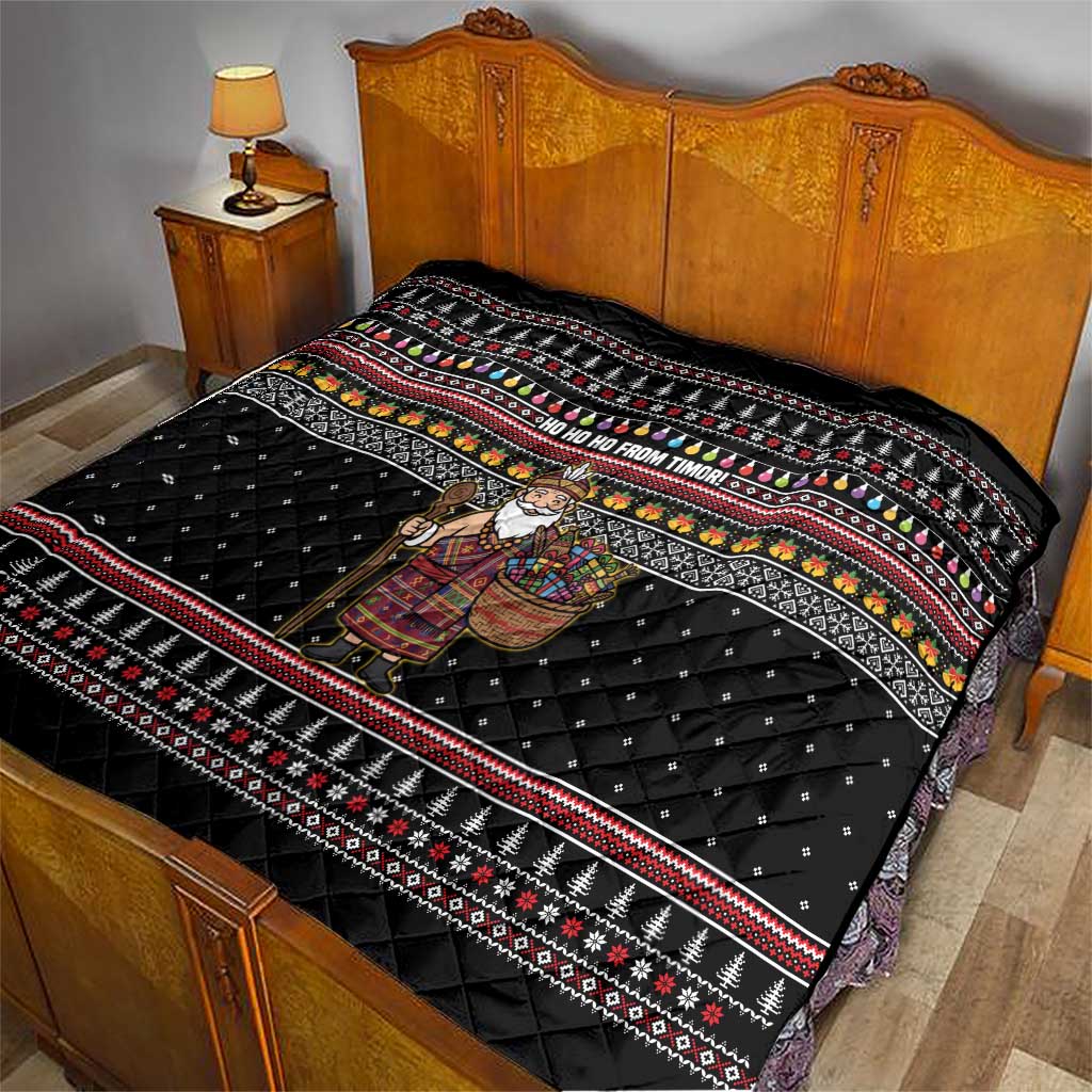 East Timor Christmas Quilt with Santa in Traditional Robe Gift Basket Ho Ho Ho Text and Black Festive - Wonder Print Shop