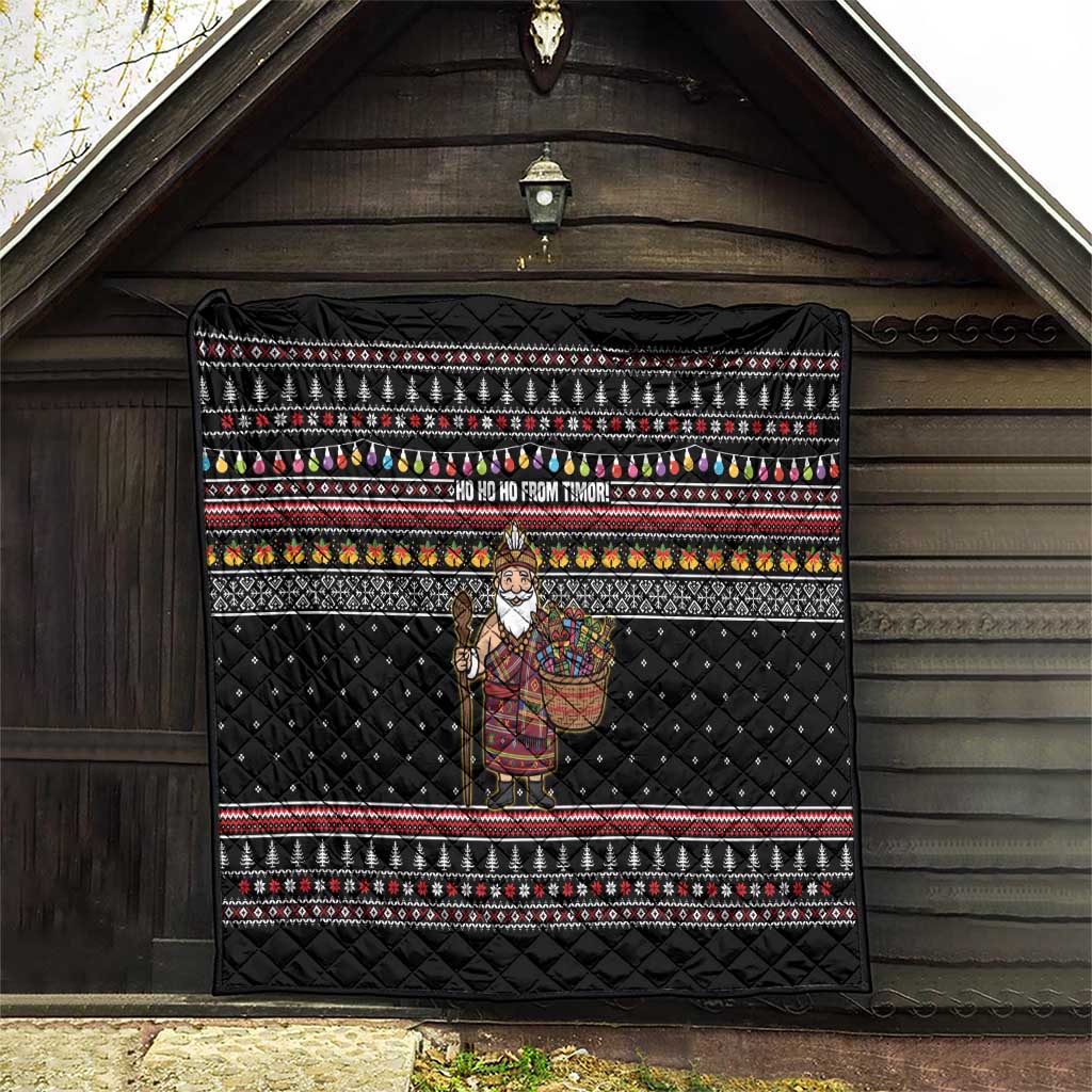 East Timor Christmas Quilt with Santa in Traditional Robe Gift Basket Ho Ho Ho Text and Black Festive - Wonder Print Shop