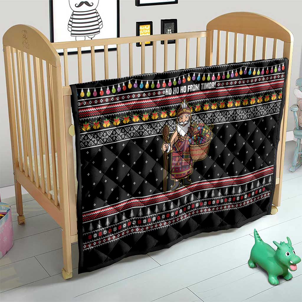 East Timor Christmas Quilt with Santa in Traditional Robe Gift Basket Ho Ho Ho Text and Black Festive - Wonder Print Shop