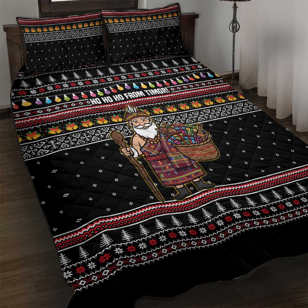 East Timor Christmas Quilt Bed Set with Santa in Traditional Robe Gift Basket Ho Ho Ho Text and Black Festive - Wonder Print Shop