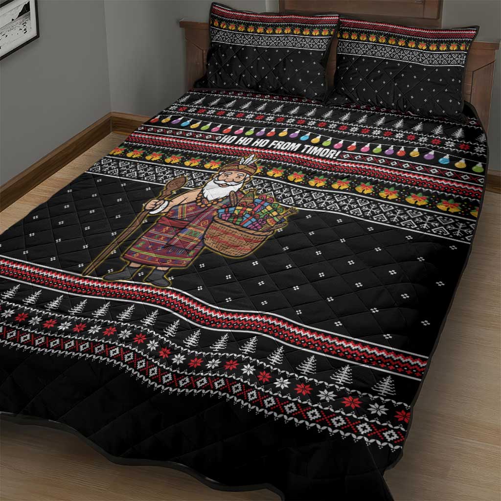 East Timor Christmas Quilt Bed Set with Santa in Traditional Robe Gift Basket Ho Ho Ho Text and Black Festive - Wonder Print Shop