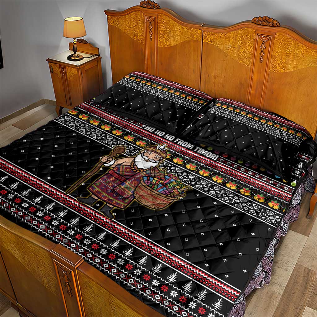 East Timor Christmas Quilt Bed Set with Santa in Traditional Robe Gift Basket Ho Ho Ho Text and Black Festive - Wonder Print Shop