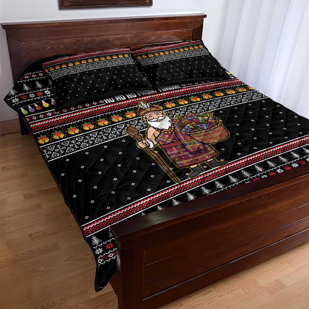 East Timor Christmas Quilt Bed Set with Santa in Traditional Robe Gift Basket Ho Ho Ho Text and Black Festive - Wonder Print Shop