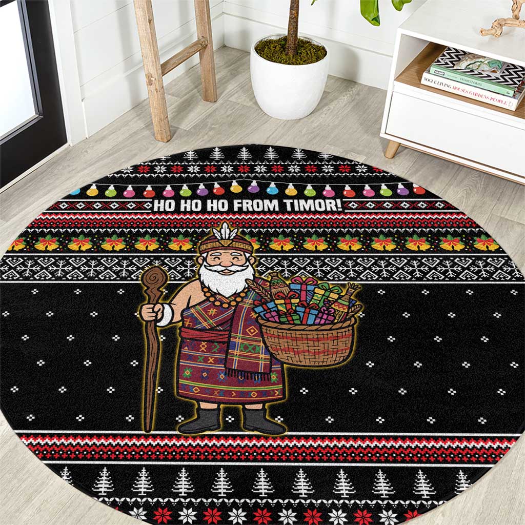 East Timor Christmas Round Carpet with Santa in Traditional Robe Gift Basket Ho Ho Ho Text and Black Festive - Wonder Print Shop