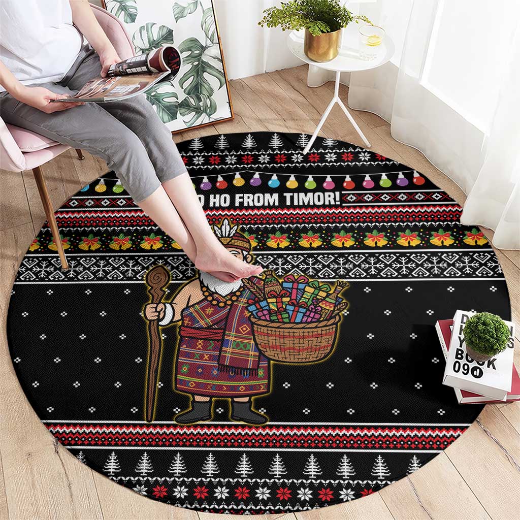 East Timor Christmas Round Carpet with Santa in Traditional Robe Gift Basket Ho Ho Ho Text and Black Festive - Wonder Print Shop