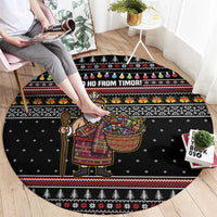 East Timor Christmas Round Carpet with Santa in Traditional Robe Gift Basket Ho Ho Ho Text and Black Festive - Wonder Print Shop